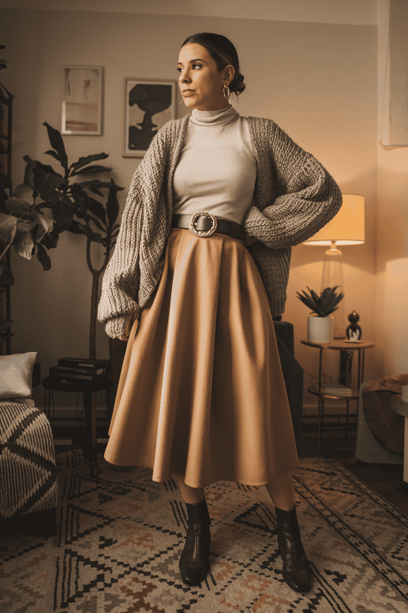 Fashionable woman in cozy room, wearing a cream turtleneck, cardigan, and chic skirt.