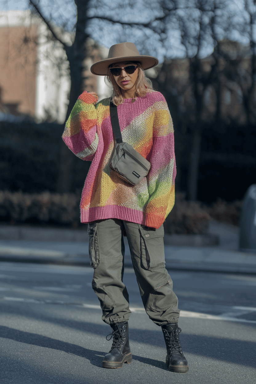 Fashion-forward individual in vibrant oversized sweater and cargo pants, stylishly exploring an urban setting.