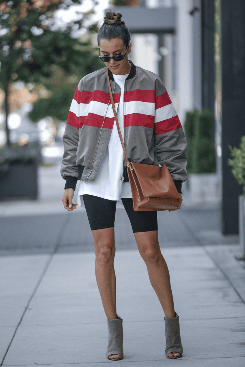 Young woman in stylish bomber jacket and biker shorts on city sidewalk.