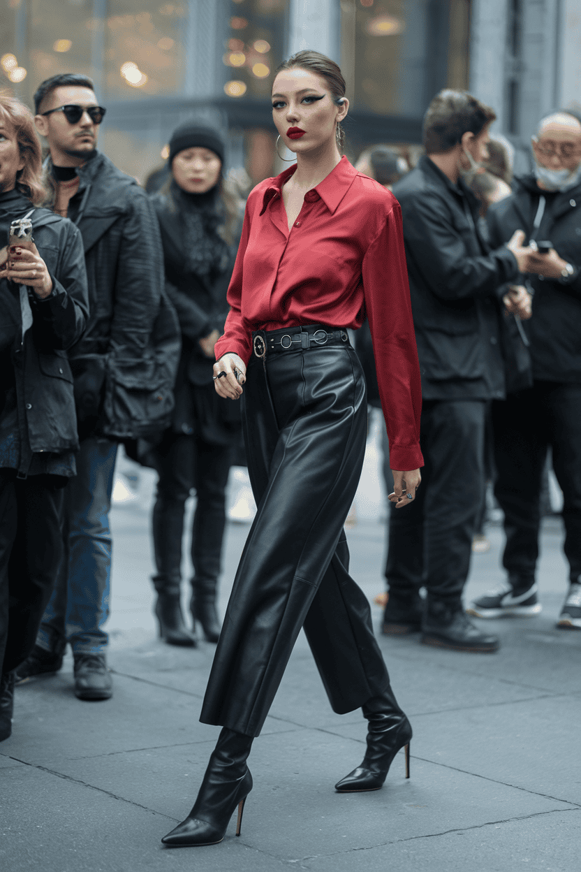 Bold fashion in a bustling urban setting featuring a striking individual in red and black.