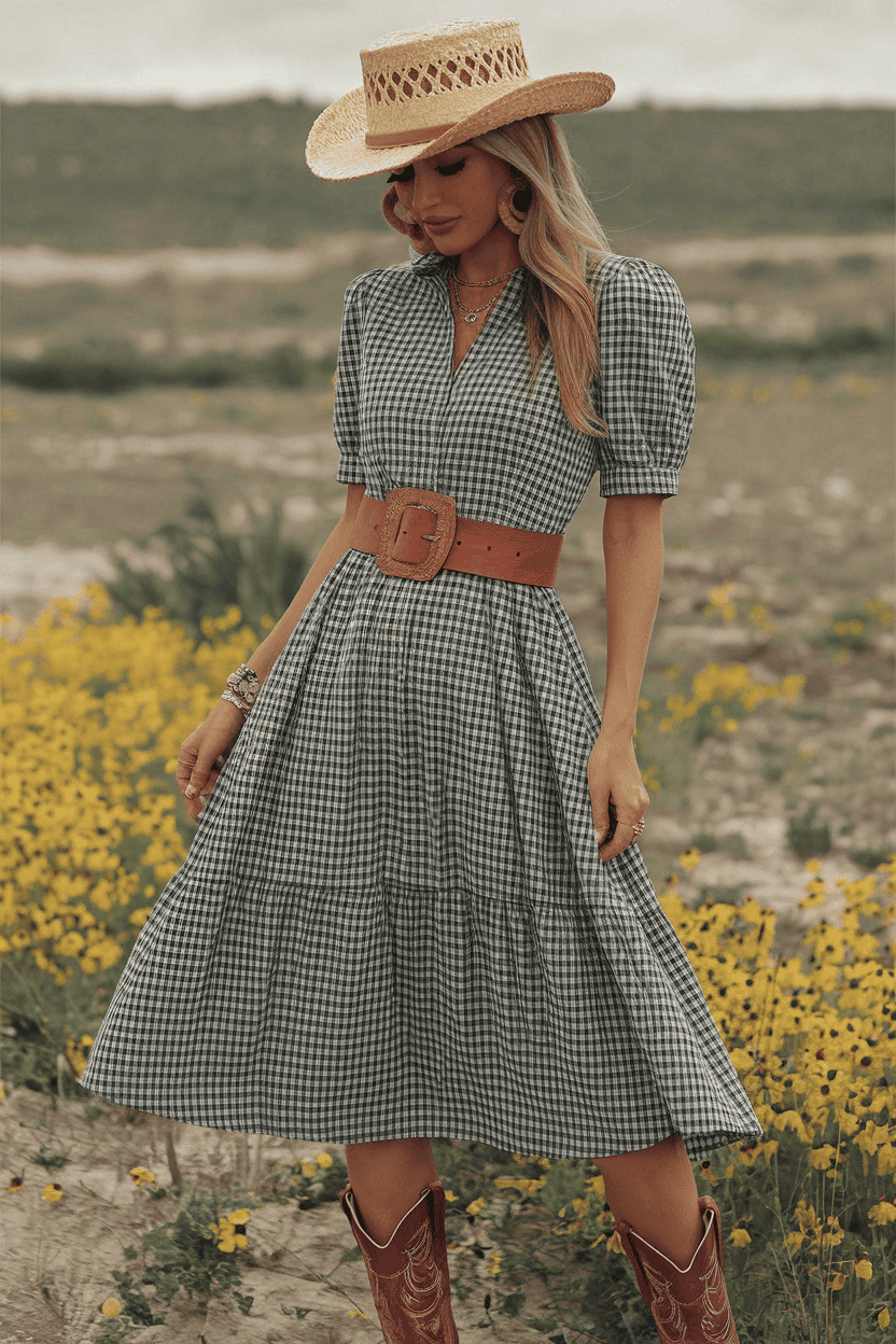 Fashion-forward woman in wildflowers wearing a gingham dress and red cowboy boots.