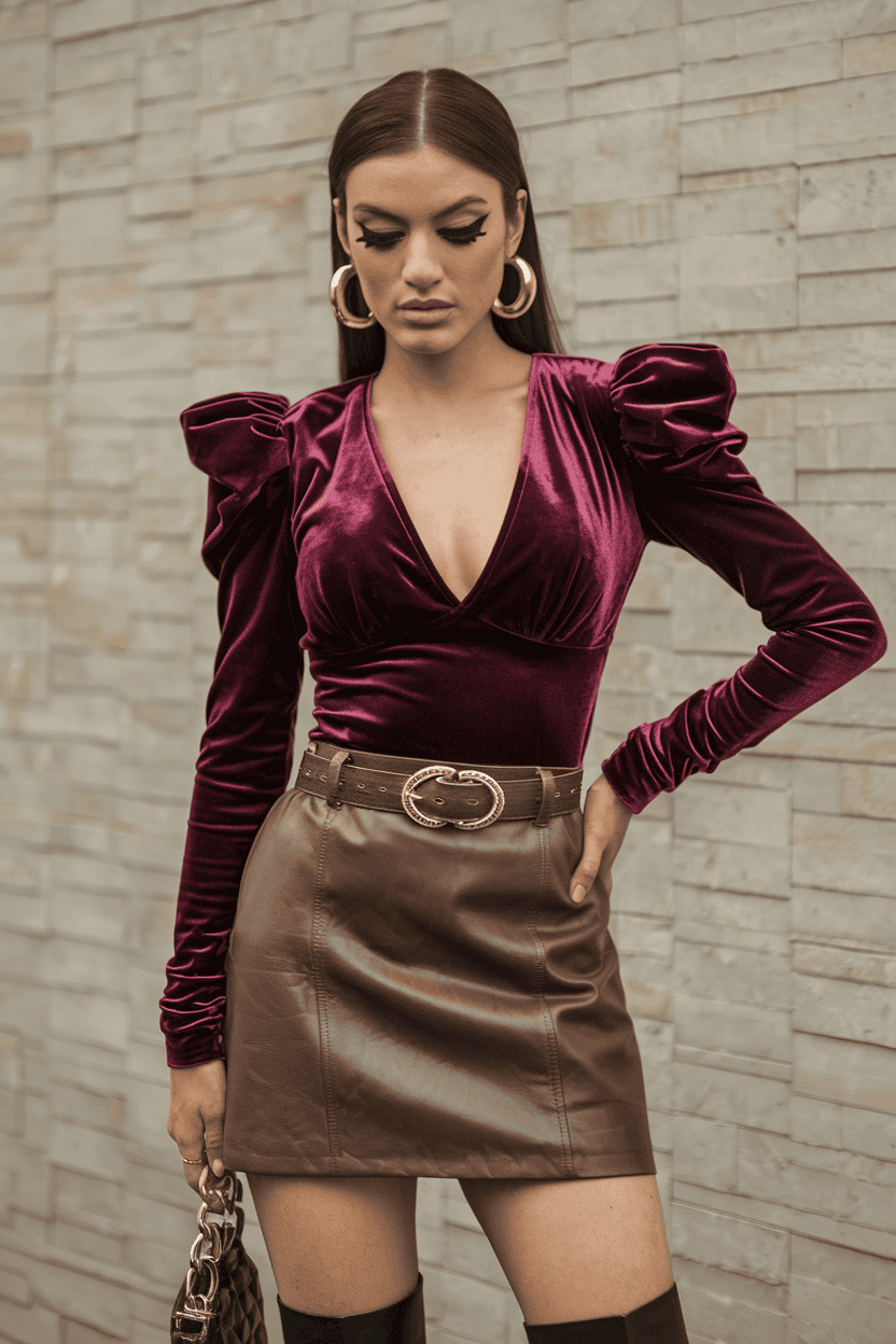 Fashion model in burgundy velvet bodysuit and leather mini skirt poses against stone wall backdrop.