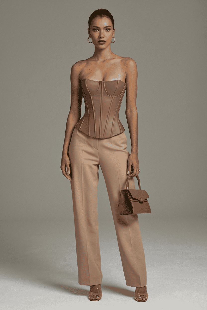 Fashion model in a brown leather corset and cream trousers exudes modern elegance and confidence.