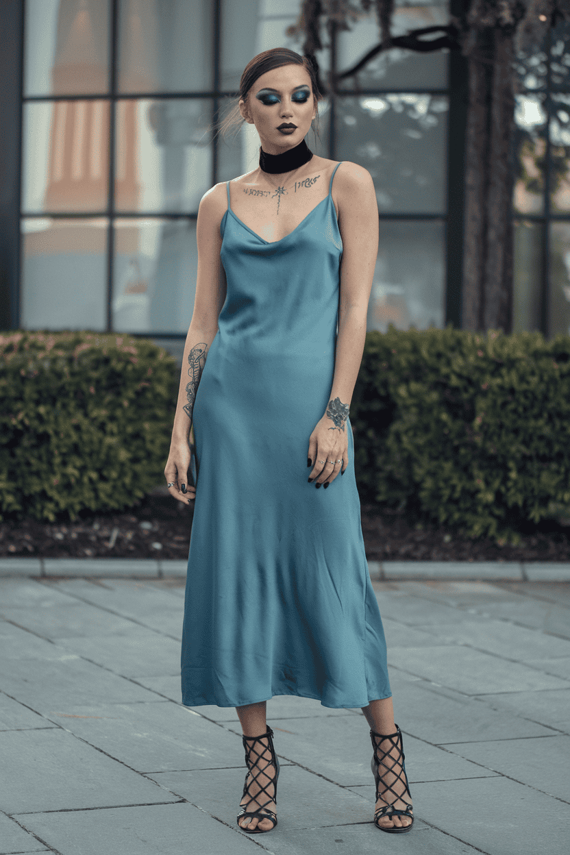 Confident woman in teal slip dress poses against modern architecture, showcasing bold fashion and style.