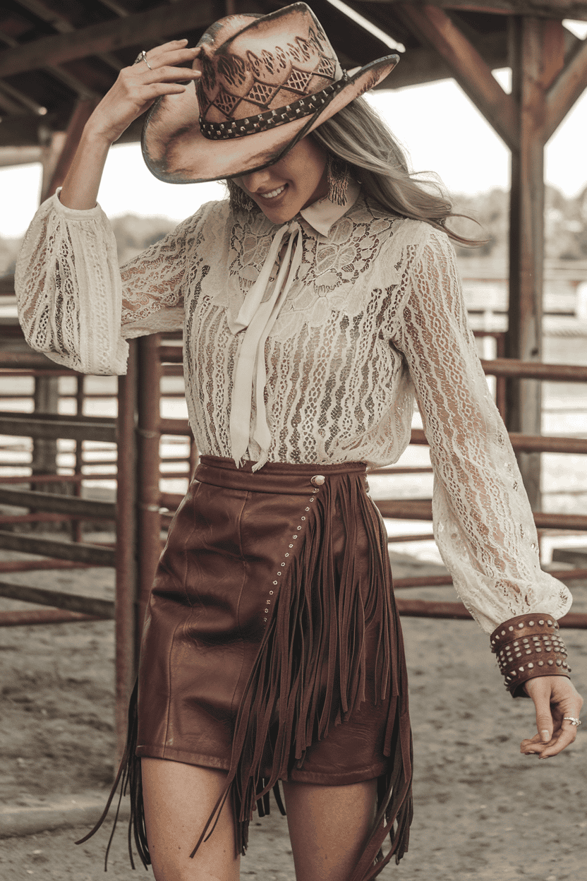 Stylish woman in Western fashion, vintage lace blouse and leather skirt, posed outdoors.