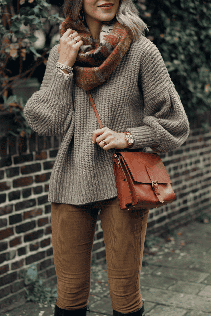 Stylish individual in cozy fall outfit with oversized sweater, scarf, and knee-high boots.