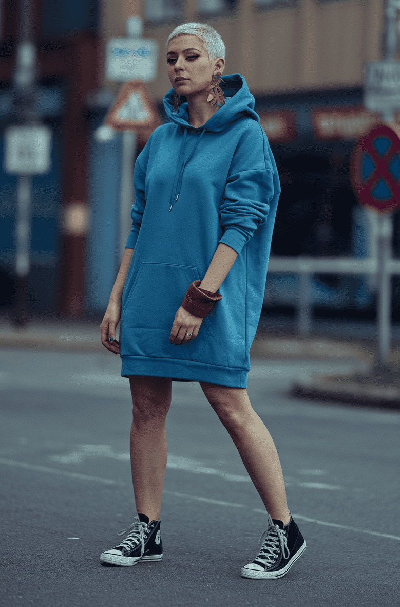 Young woman in oversized hoodie and sneakers stands confidently on urban street.