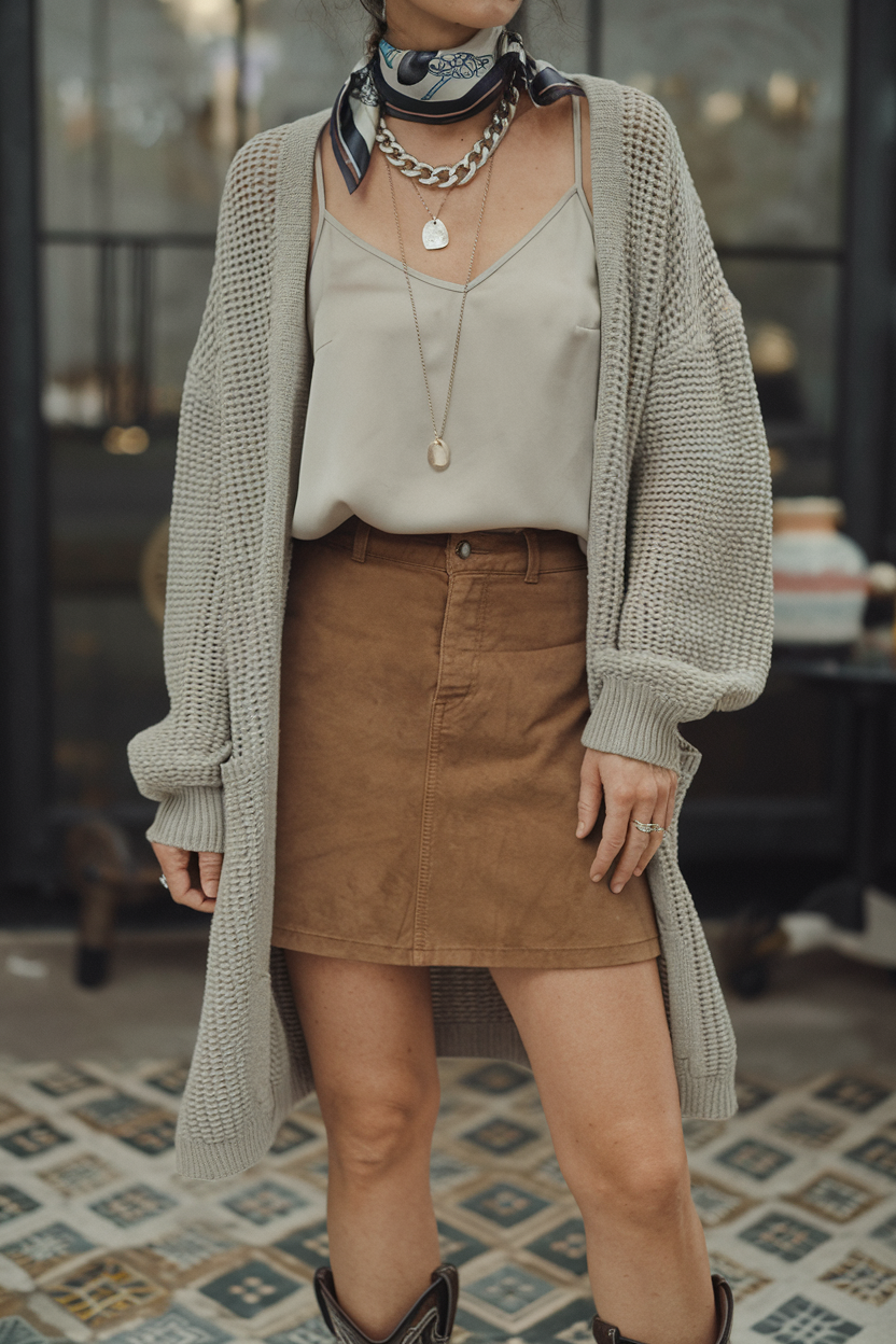 Stylish woman in beige cami and gray cardigan with suede mini skirt and cowboy boots.
