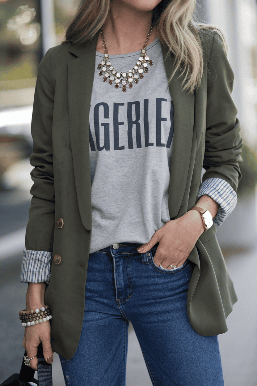 Stylish individual in urban attire featuring an olive blazer, graphic tee, and fitted jeans.