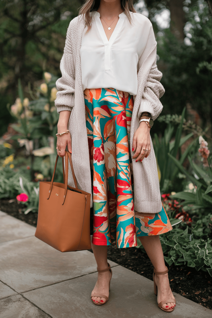 Stylish woman in floral skirt and cardigan poses in vibrant outdoor garden setting.