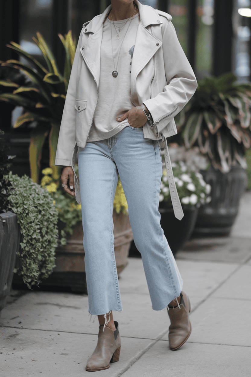 Chic outdoor fashion featuring a motorcycle jacket, cropped jeans, and stylish ankle boots.