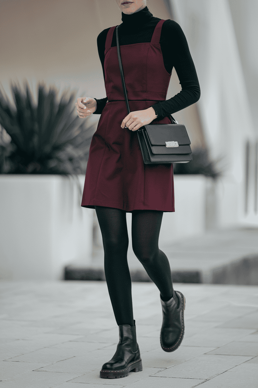 Stylish woman in modern urban setting wearing maroon dress, black turtleneck, and chunky boots.