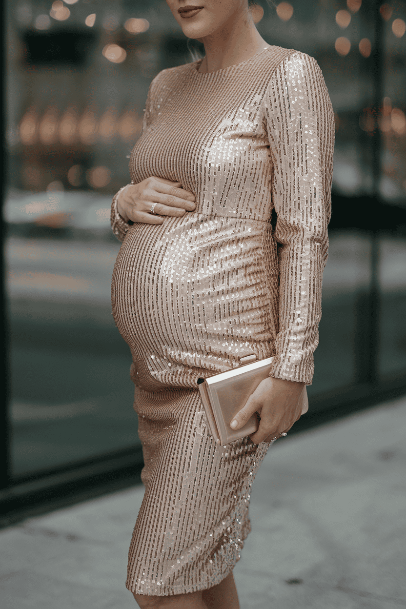Elegant pregnant woman in sequined gown, showcasing pregnancy style in a chic urban setting.