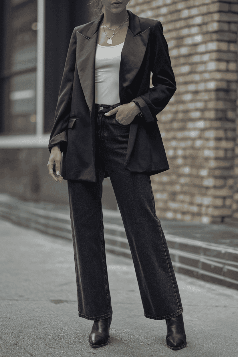 Chic woman in oversized blazer and wide-leg jeans poses stylishly on urban street.