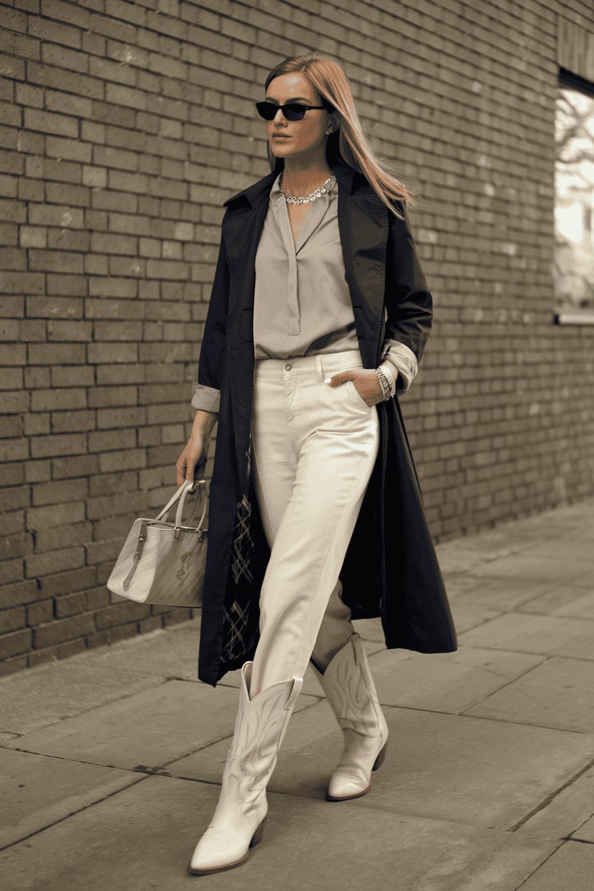 Fashionable woman in navy coat and cowboy boots walking stylishly on city sidewalk.
