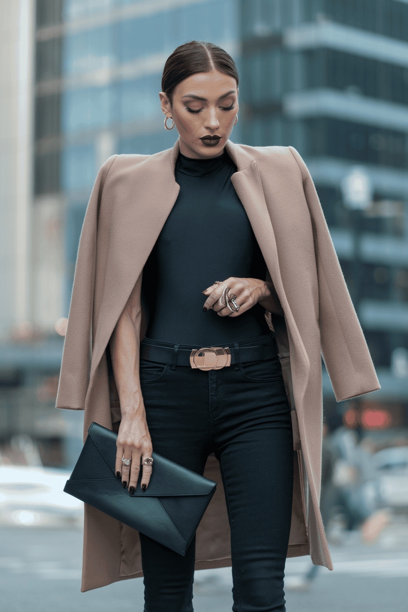 Stylish woman in black bodysuit and trench coat poses confidently in city street.