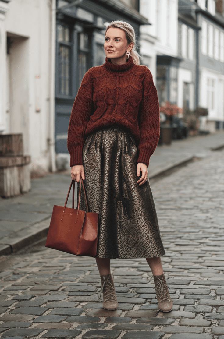 Fashionable woman in burgundy sweater and bronze skirt on charming cobblestone street.