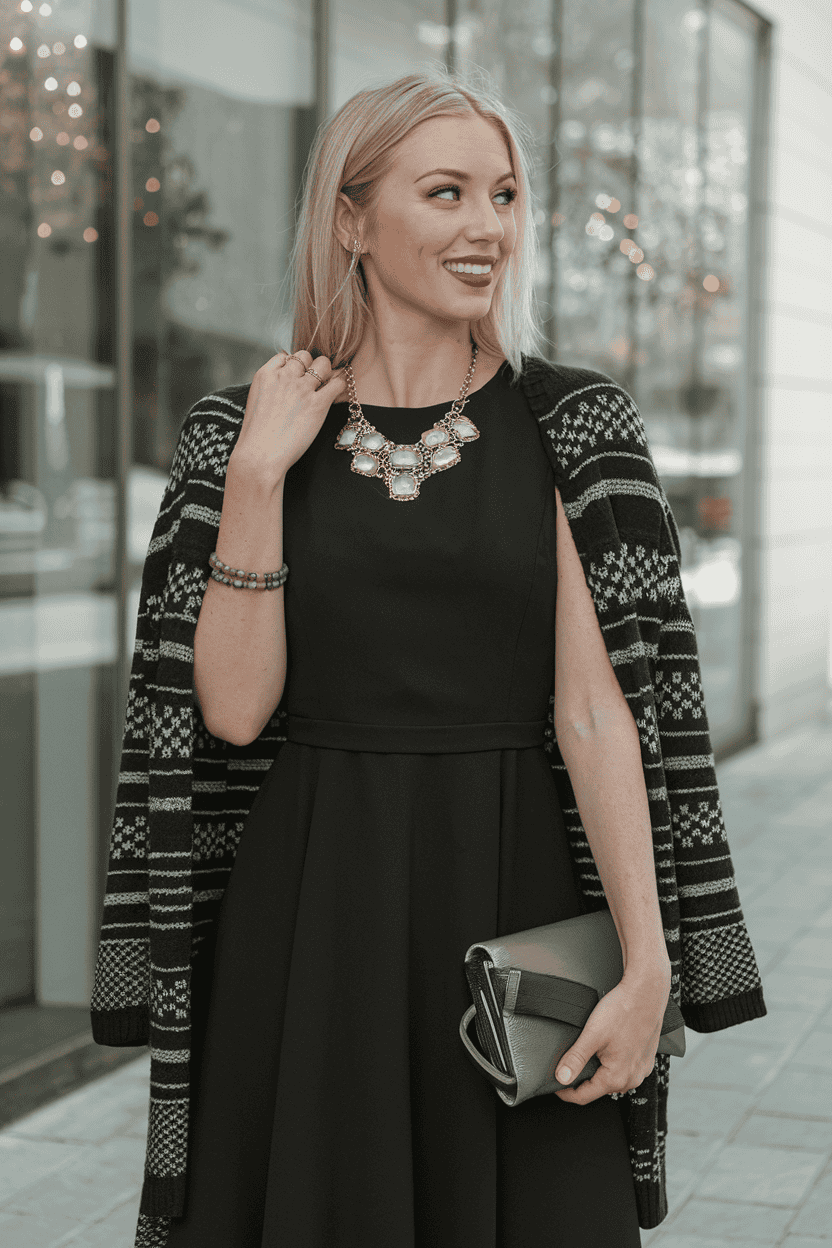 Elegant woman in a black dress with a shawl and statement necklace in an urban setting.