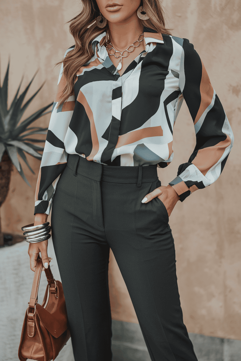 Stylish woman in vibrant geometric blouse and tailored trousers, showcasing modern fashion elegance.