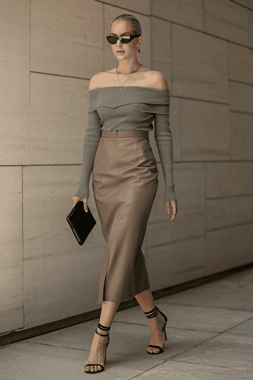Stylish woman in modern outfit poses confidently against minimalist stone architecture backdrop.