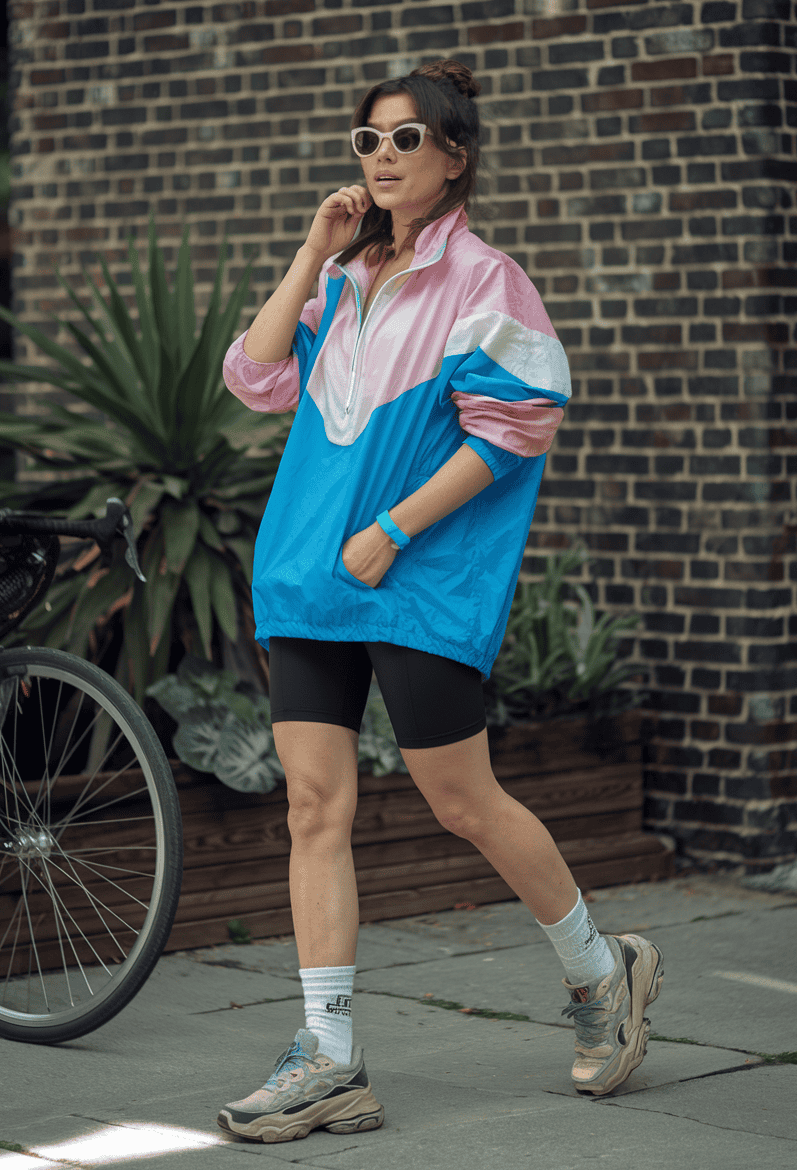 Fashionable woman in colorful windbreaker and cycling shorts, enjoying urban lifestyle near greenery.