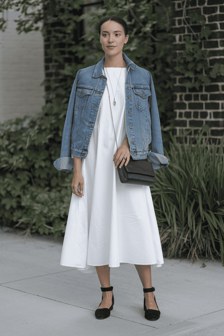 Stylish woman in white dress and denim jacket poses outdoors amidst greenery and urban backdrop.