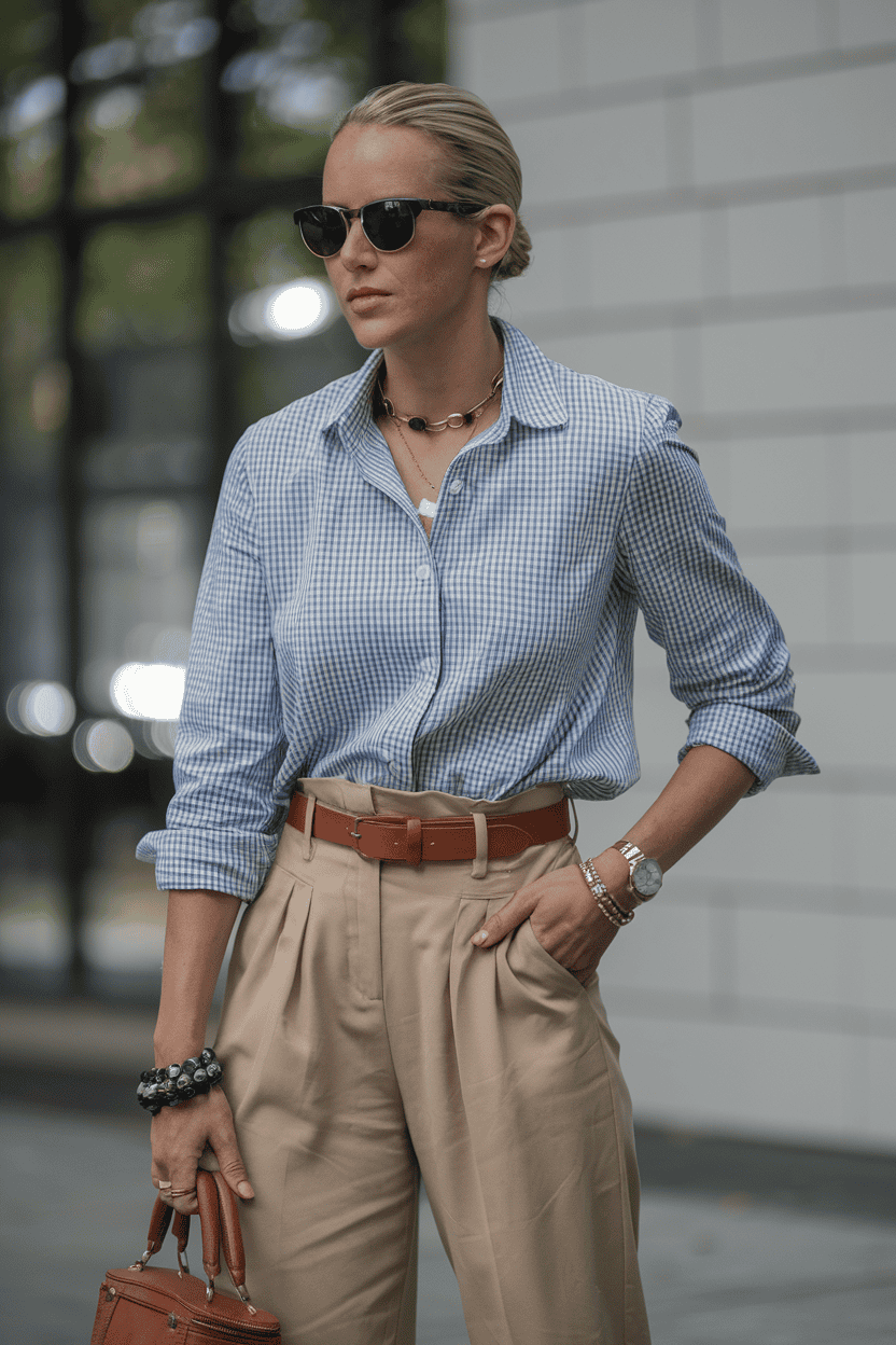 Stylish woman in modern architecture wearing checked shirt and trendy high-waisted trousers.