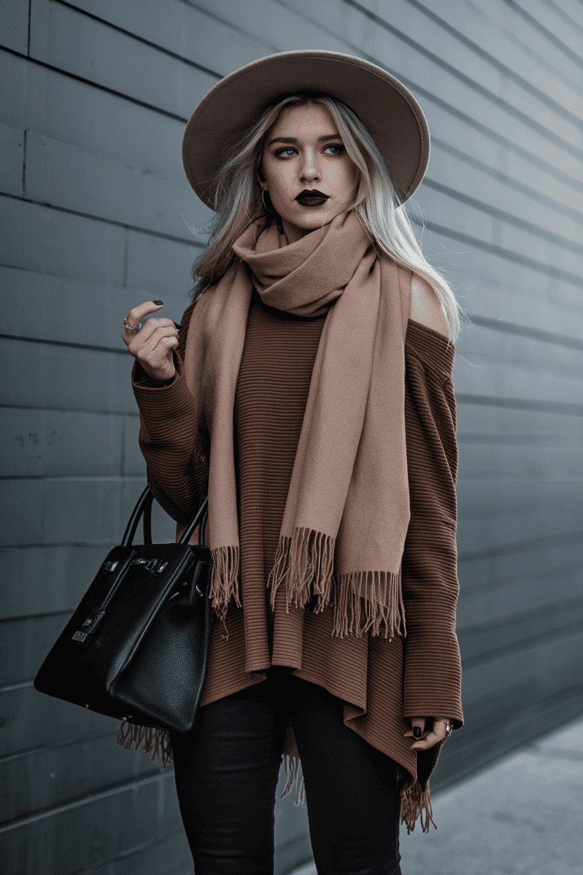 Stylish woman in oversized off-shoulder sweater poses against textured gray wall.