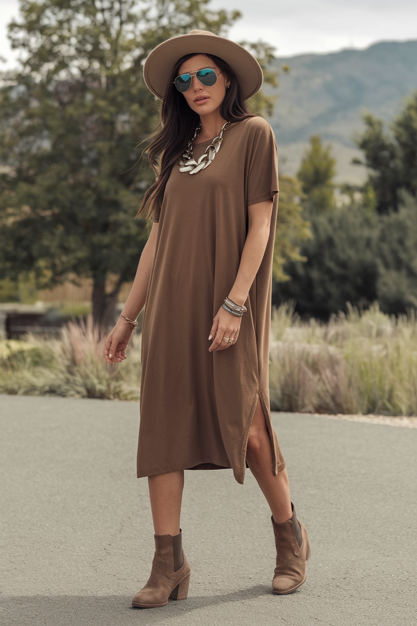 Stylish woman in a brown dress and hat enjoying a chic outdoor summer setting.