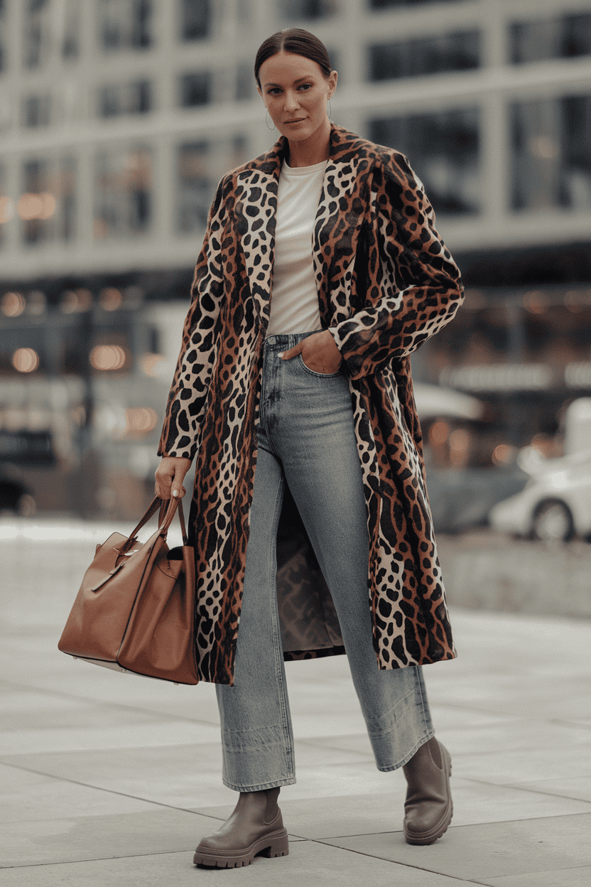 Stylish woman in leopard print coat and denim jeans poses confidently in urban setting.