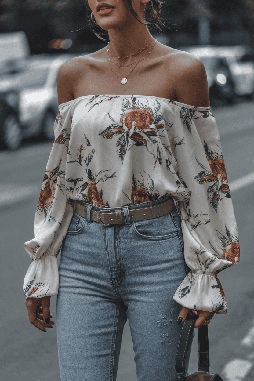 Stylish woman in off-shoulder top and jeans poses elegantly on a vibrant city street.