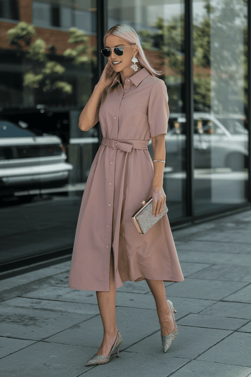 Stylish woman in pink dress walking confidently in an urban setting with chic accessories.