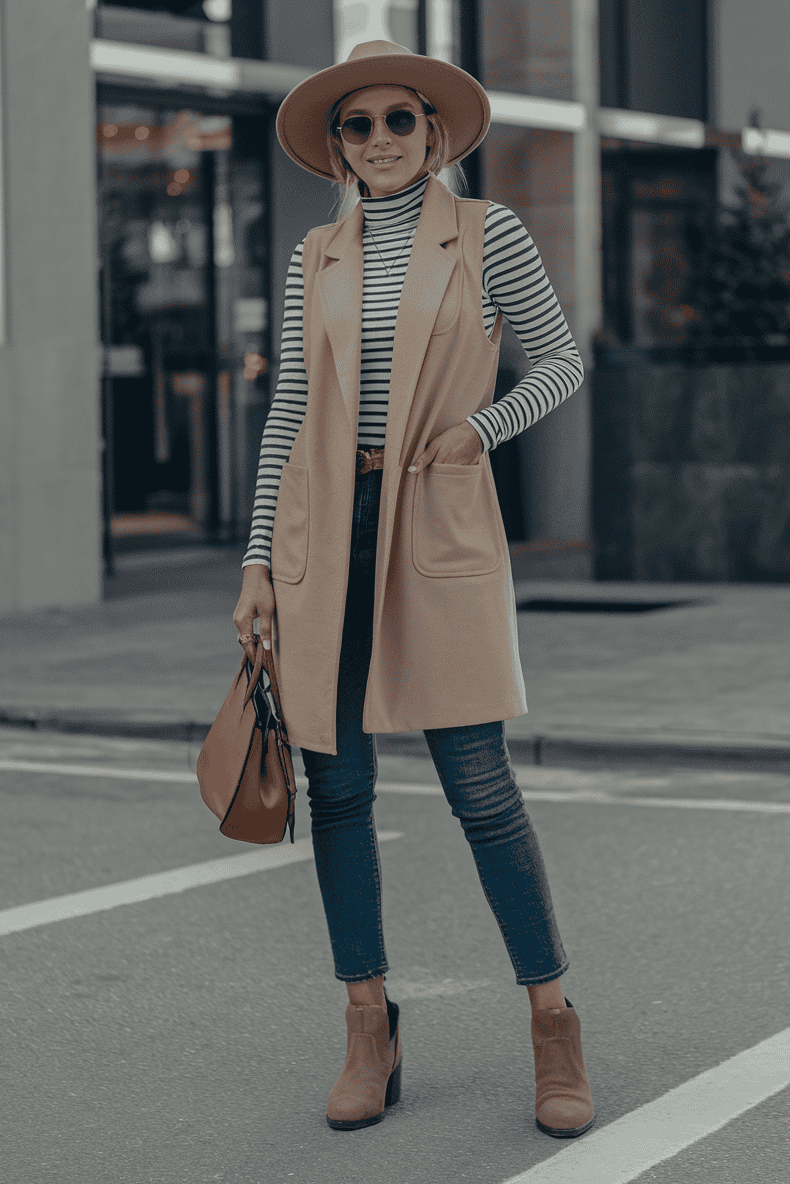 Fashionable woman in urban style, wearing a stylish vest and high-waisted jeans in the city.