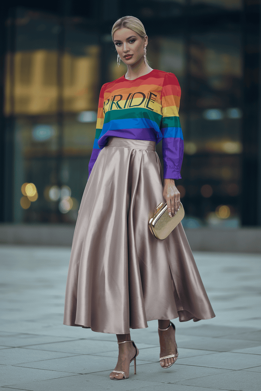 Confident woman in vibrant PRIDE outfit shines in urban setting with stylish accessories.