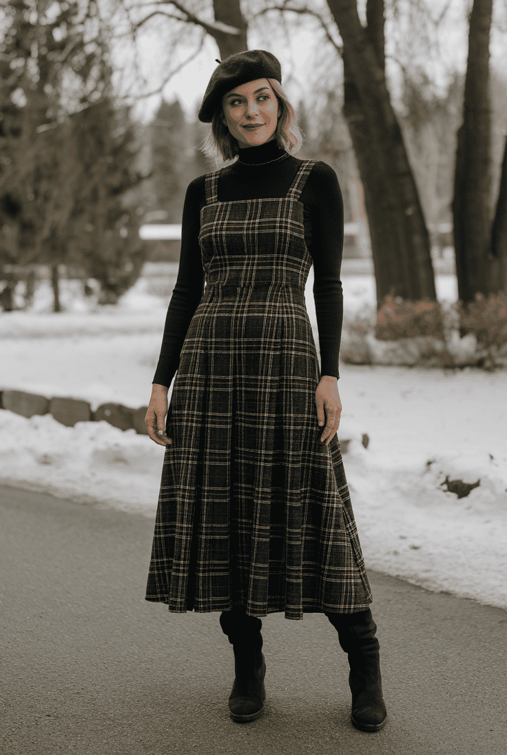 Elegant woman in a stylish plaid dress and beret stands confidently on a snowy path.