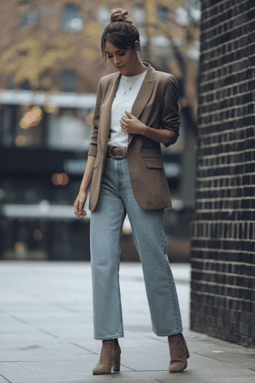 Stylish young woman in a blazer and jeans walking on a city street at sunset.