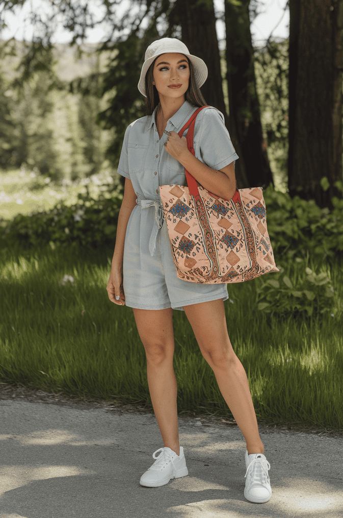 Young woman in stylish denim jumpsuit enjoying nature on a sunny summer day.