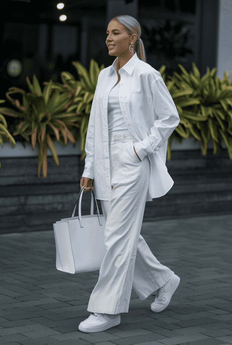 Fashionable young woman in casual spring outfit with oversized shirt and wide-leg trousers.