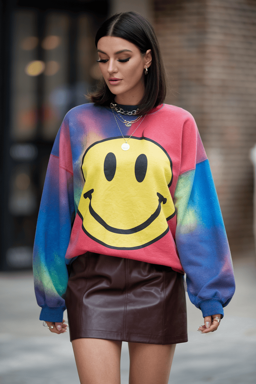 Stylish young woman in colorful oversized sweatshirt and mini skirt, exuding playful urban fashion.