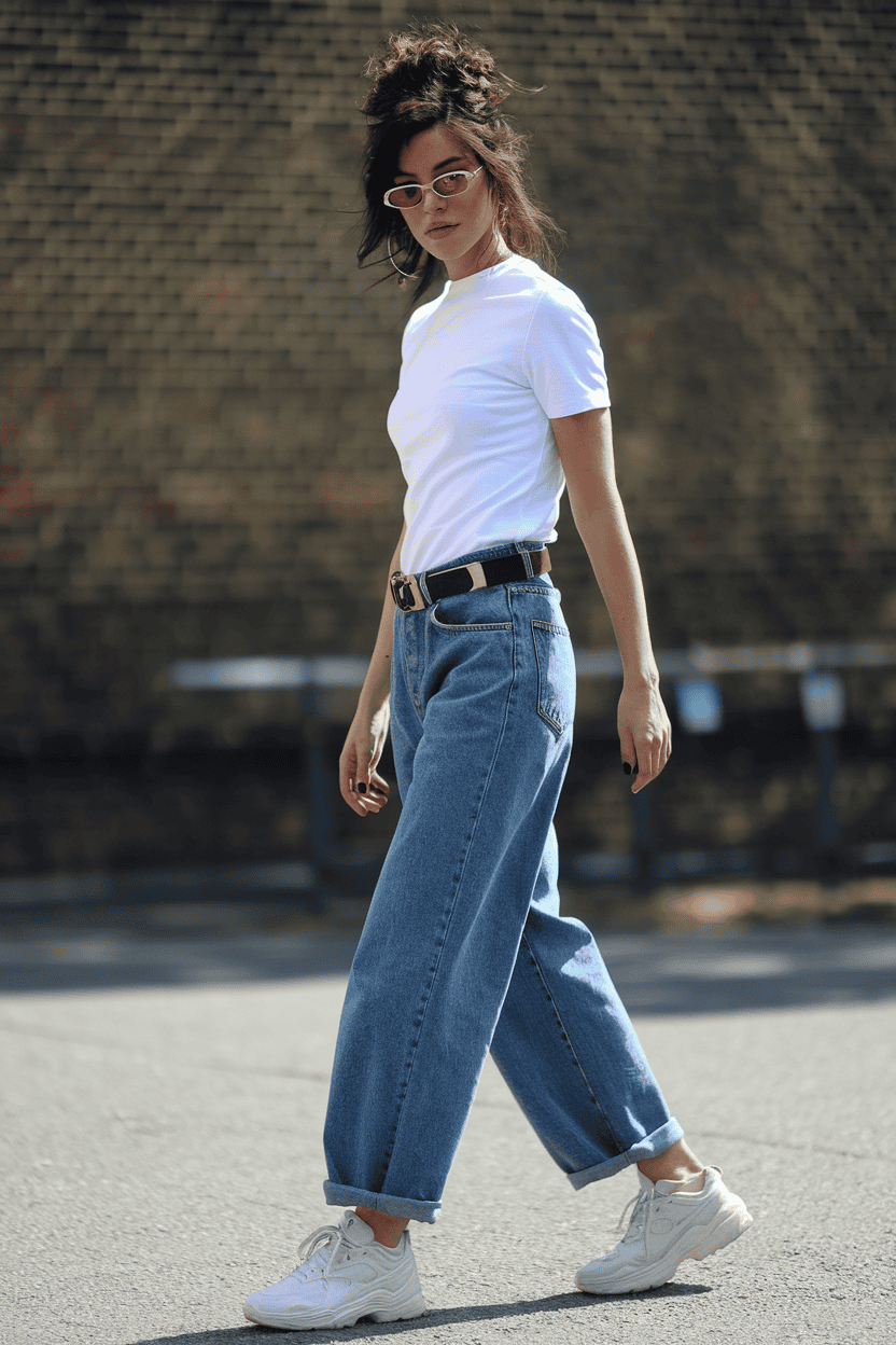 Stylish young woman in urban street fashion, featuring a chic t-shirt and trendy jeans.