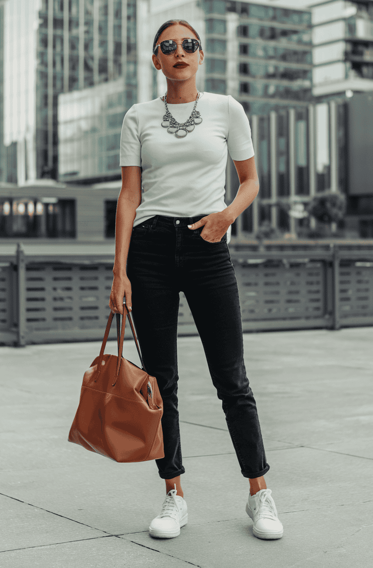 Chic young woman in urban fashion, stylish in a modern city with sleek architecture.