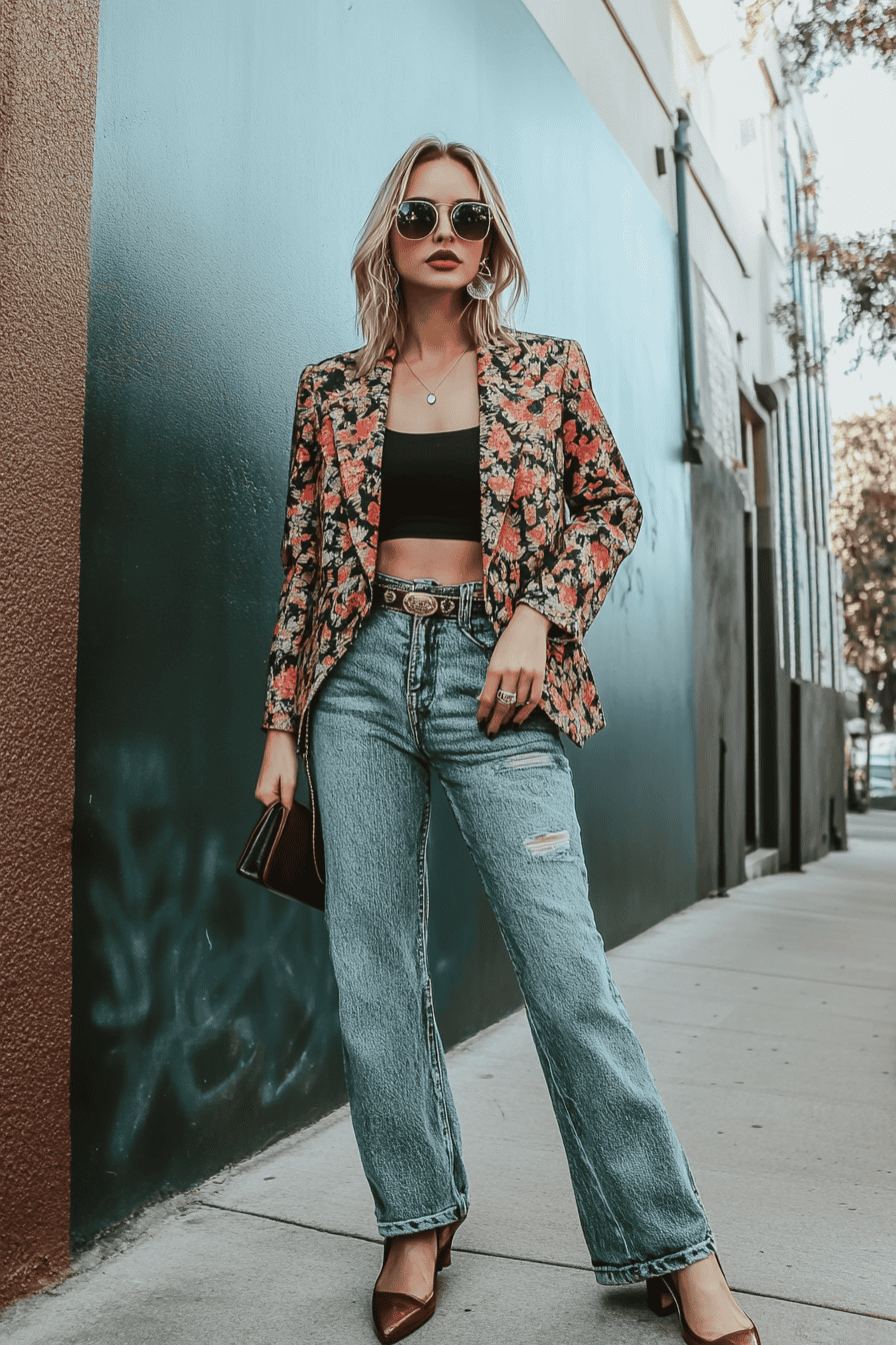 Trendy woman in floral blazer and jeans posing confidently on colorful urban street in daylight.