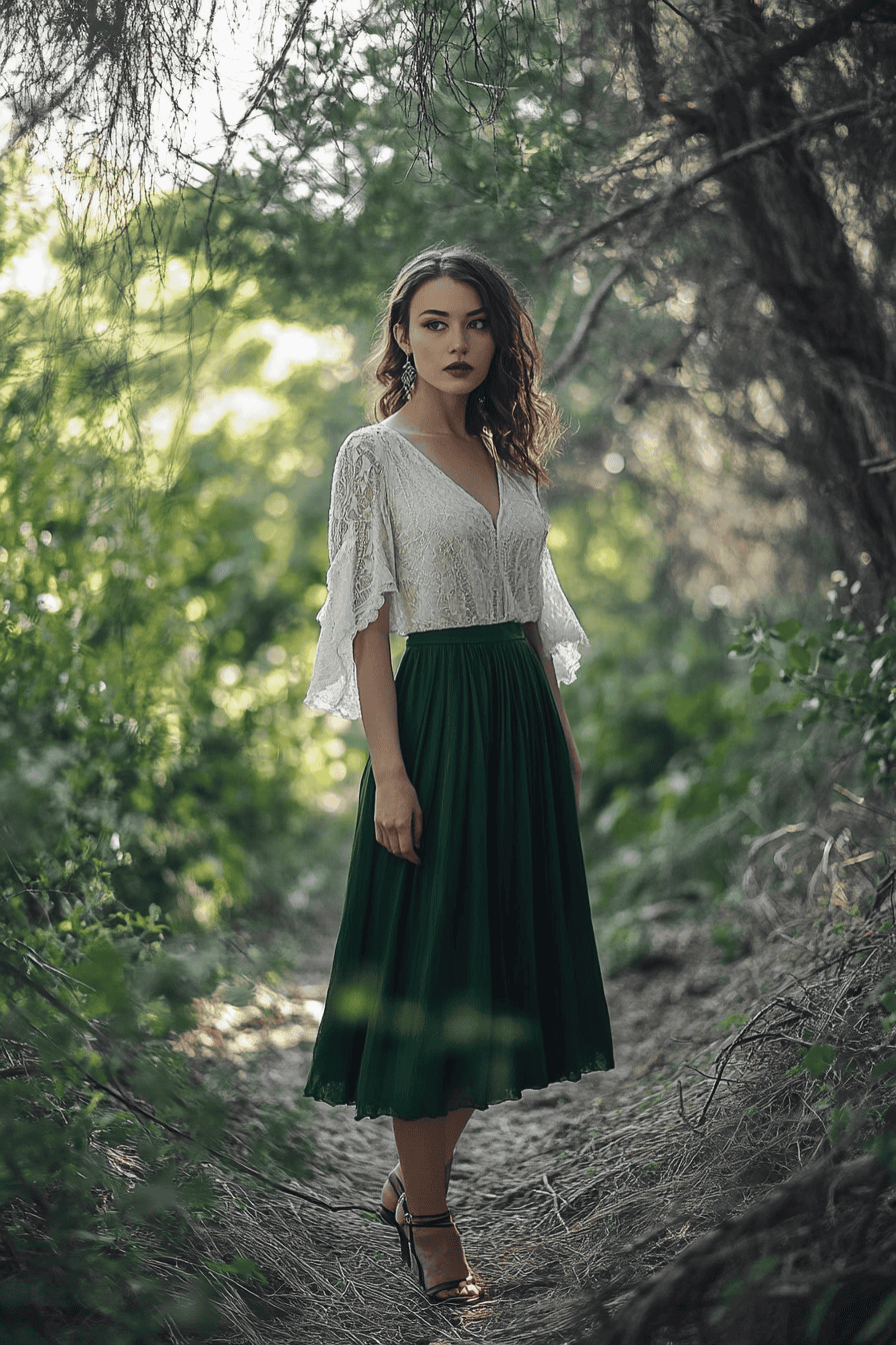 Woman in vintage blouse and green skirt standing in a sunlit forest, nature elegance portrait.
