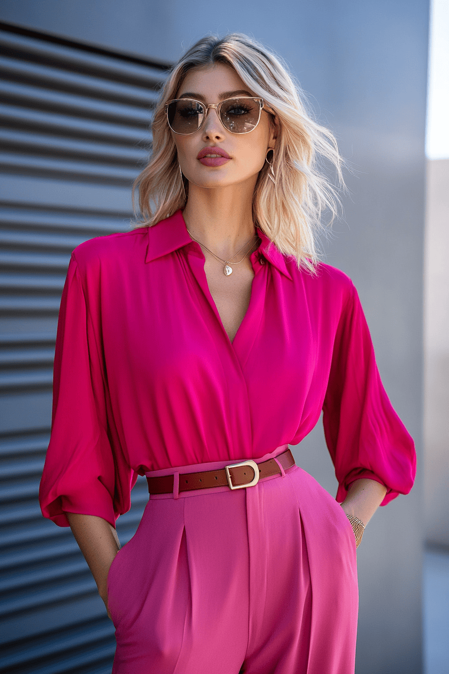 Stylish woman in pink blouse and trousers, trendy sunglasses, modern architecture background, fashion outfit.