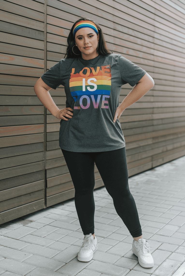 Confident woman in a Love Is Love t-shirt celebrates diversity with rainbow colors.