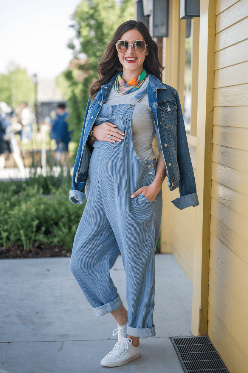 Stylish pregnant woman in trendy overalls poses outdoors near a charming yellow building.