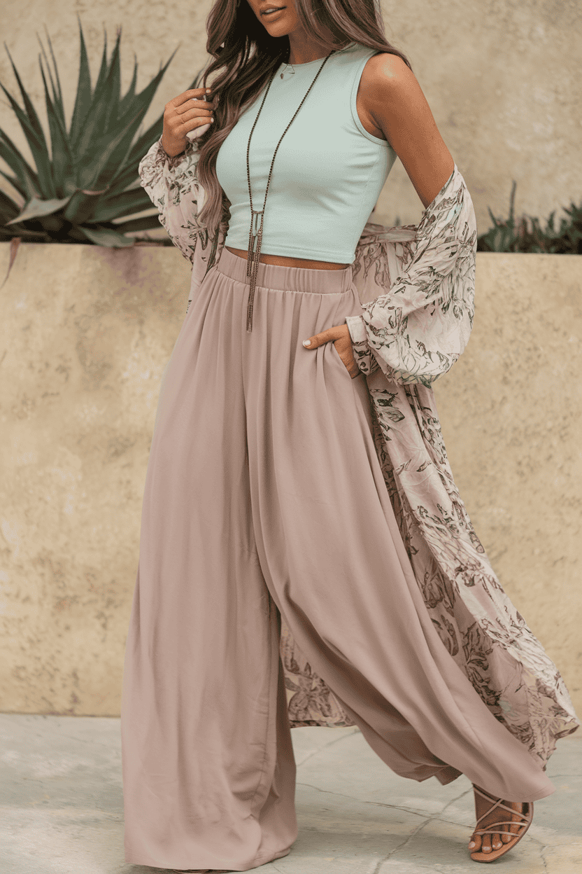 Stylish mint-green crop top and kimono, paired with taupe wide-leg pants in a serene setting.