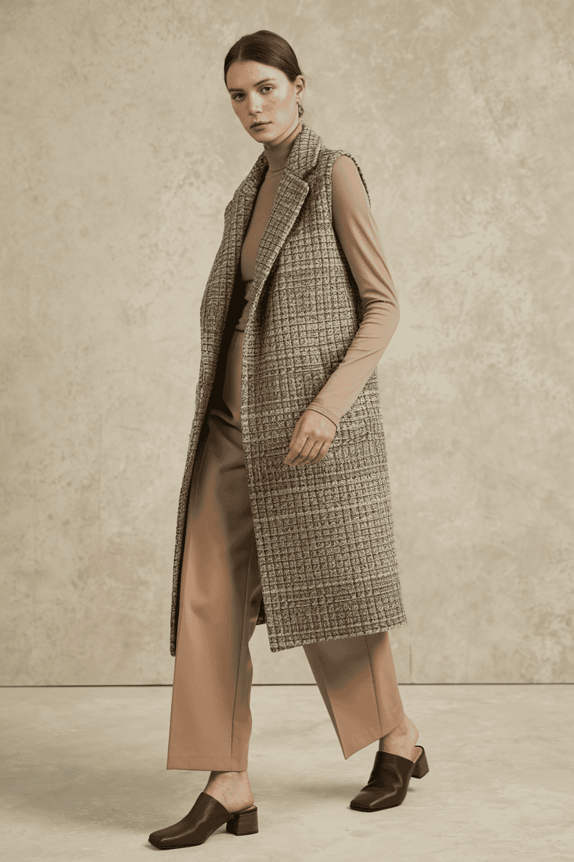 Model in chic, elegant outfit with layered vest and wide-leg trousers against a muted backdrop.