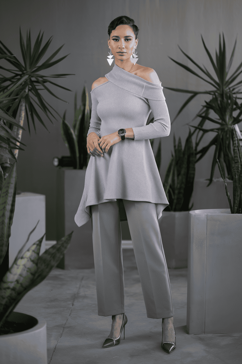 Elegant model in light gray outfit poses gracefully with plants in a minimalist indoor setting.