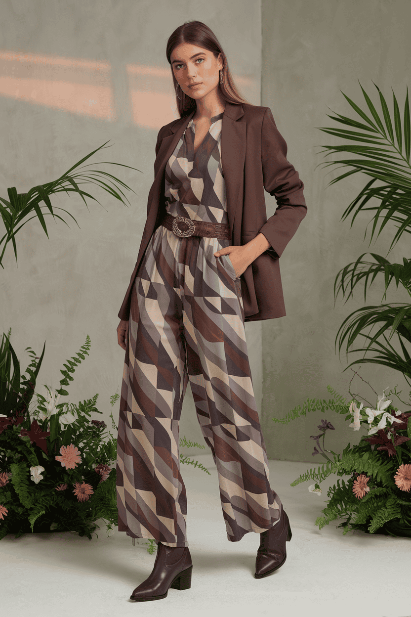 Fashion model in chic geometric jumpsuit with blazer surrounded by vibrant flowers.